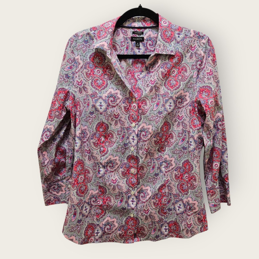 Talbots Wrinkle Resistant Paisley Button‎ Down Shirt Size 10 3/4 Sleeve Pink
